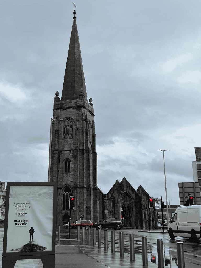 a church that has been bombed many times, but is still standing in plymouth england